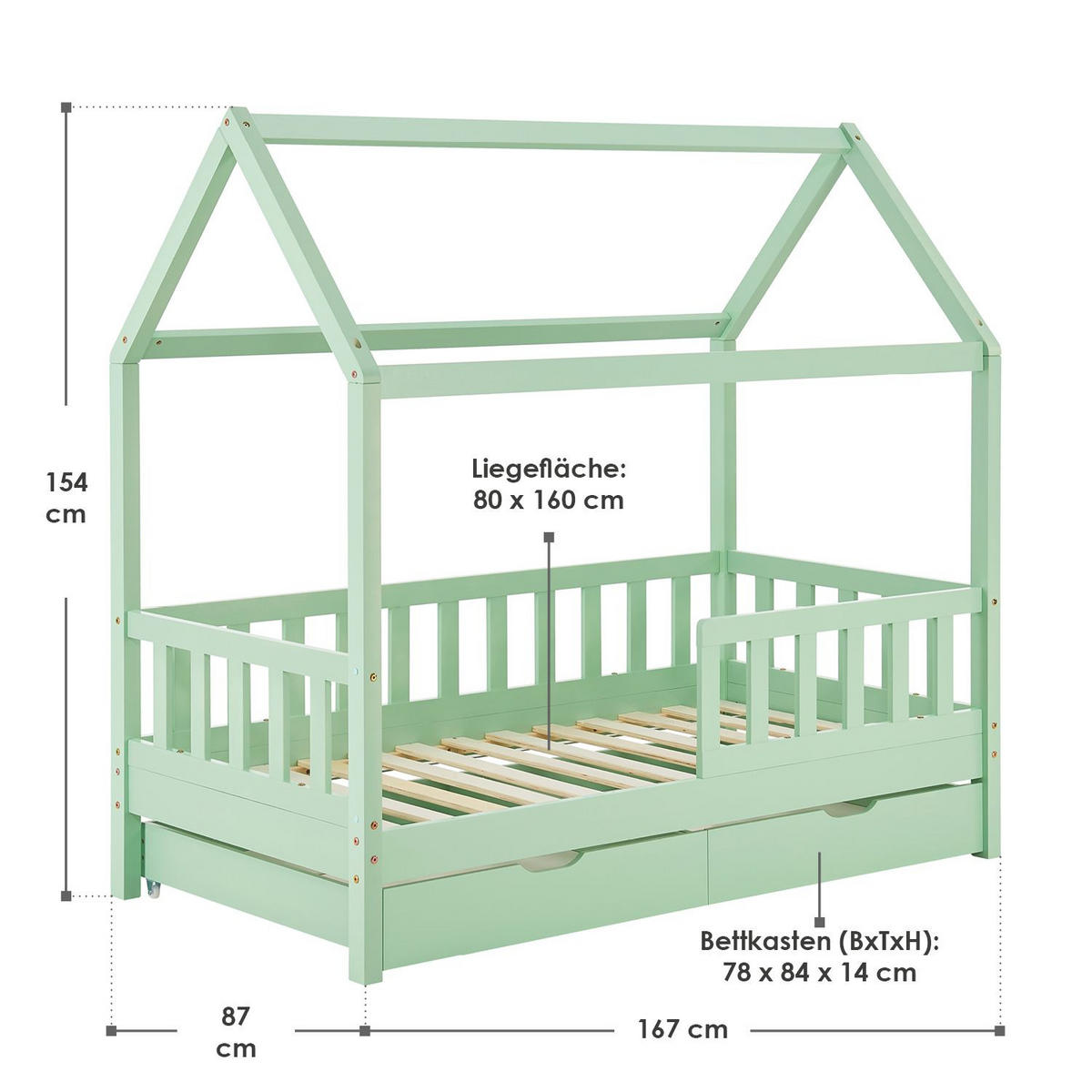 KINDERBETT Marli mint 80x160 cm mit Bettkasten - Mintgrün, Holz (80/160cm) - Juskys