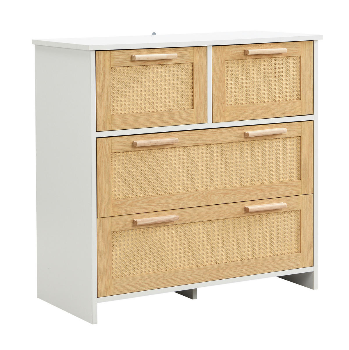 KOMODA 38/80/80 cm se 4 zásuvkami, ratanovým čelem, MDF a úchytkami z masivního dřeva, Přírodní/Bílá - bílá, kompozitní dřevo (80/38/80cm) - Redom