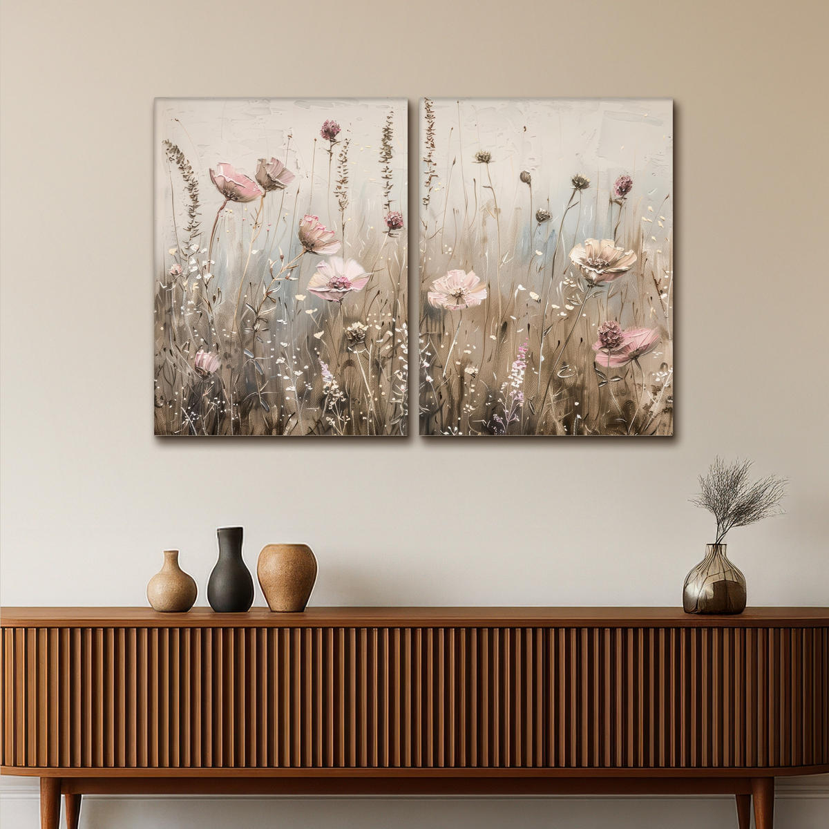 LEINWANDBILD 2er Set Blumen - Beige - Modern - Rosa 120x80 cm - Ecru, Textil (120/80cm) - MuchoWow