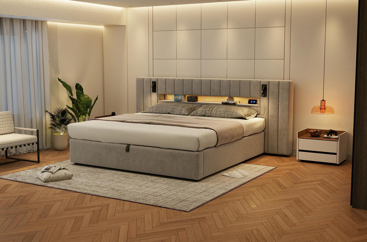POLSTERBETT 180/200 cm Grau mit Stauraum mit LED-Beleuchtung und USB- und Type-C-Anschlüssen aus Samt - Grau, Textil (180/200cm) - OKWISH