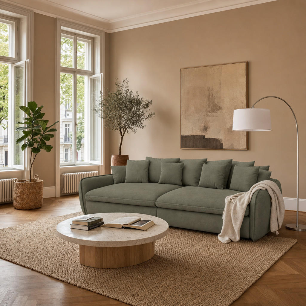 BIGSOFA Hereford XXL Velvet Grün inkl. 12 Kissen 274/131/61 cm - Salbeigrün, Kunststoff/Textil (274/61/131cm) - foamnova