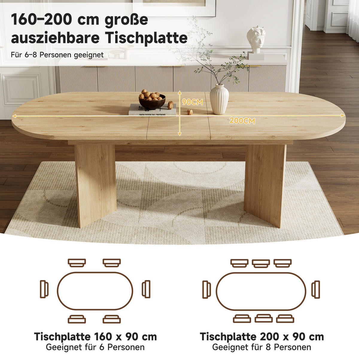 JEDILNA miza 160/200/90 cm z raztegljivim sistemom, 18 mm debela plošča in zaobljeni robovi, Hrast - barve hrasta, leseni material (200/90/75cm) - Redom