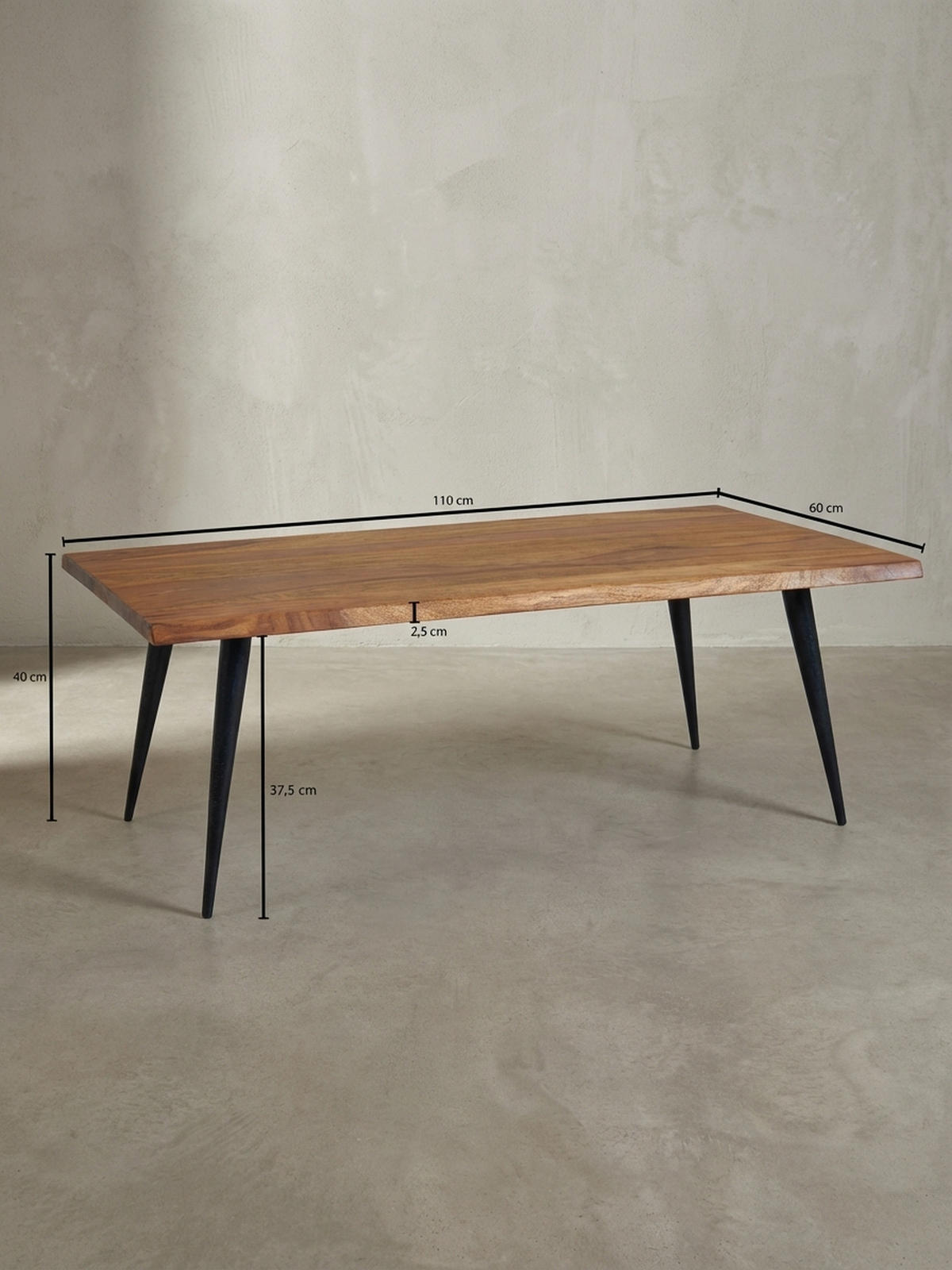 COUCHTISCH Sheesham Massivholz in Natur mit Baumkante und Metallgestell, 110x60x40 cm, Handgefertigt, Schutzlack-beschichtet - Schwarz/Braun, Holz/Metall (60/110/40cm) - KADIMA DESIGN