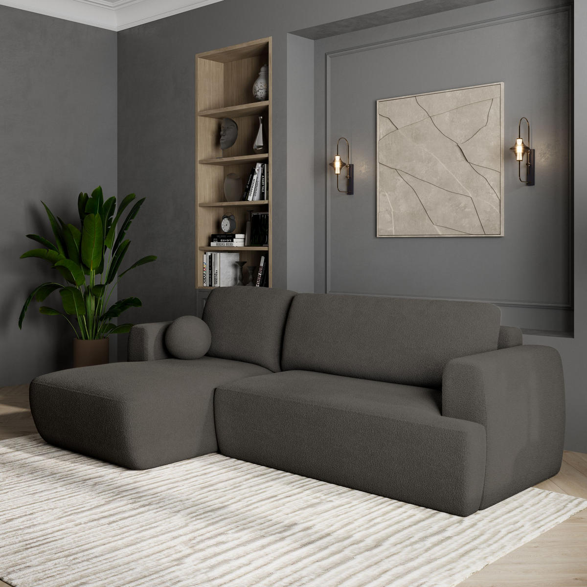 ECKSOFA SENTI N L-S Grau Boucle-Stoff mit Schlaffunktion - Grau, Holz (246/148cm) - MASSENO