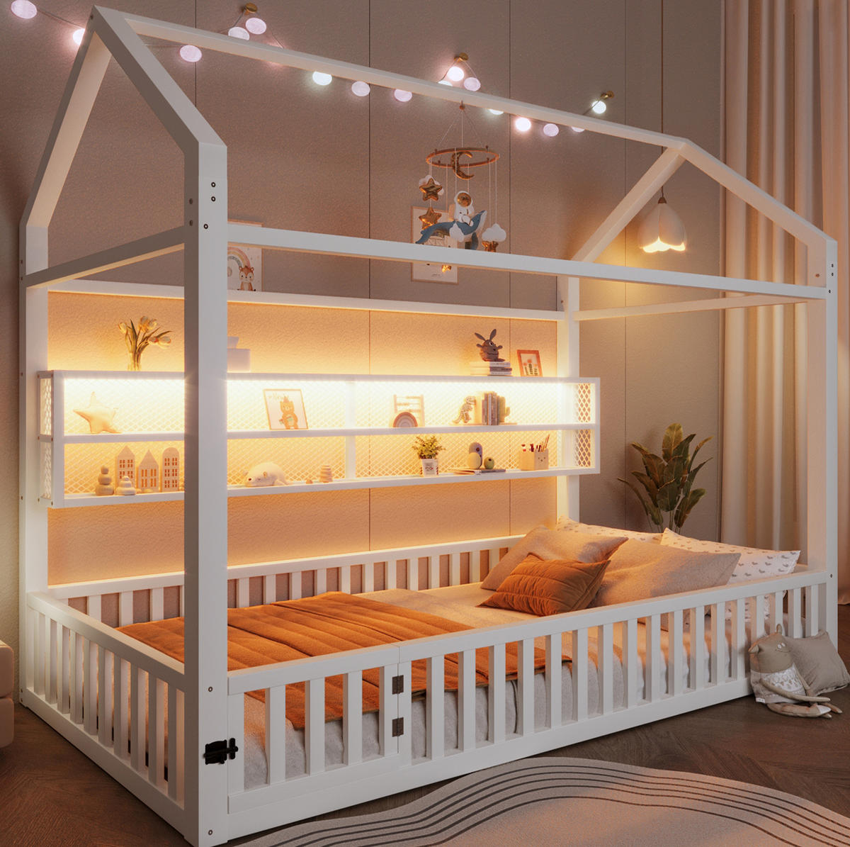 HAUSBETT 90/200 cm weiß aus Metall mit LED-Beleuchtung und Sicherheitszaun - Weiß, Metall (90/200cm) - OKWISH