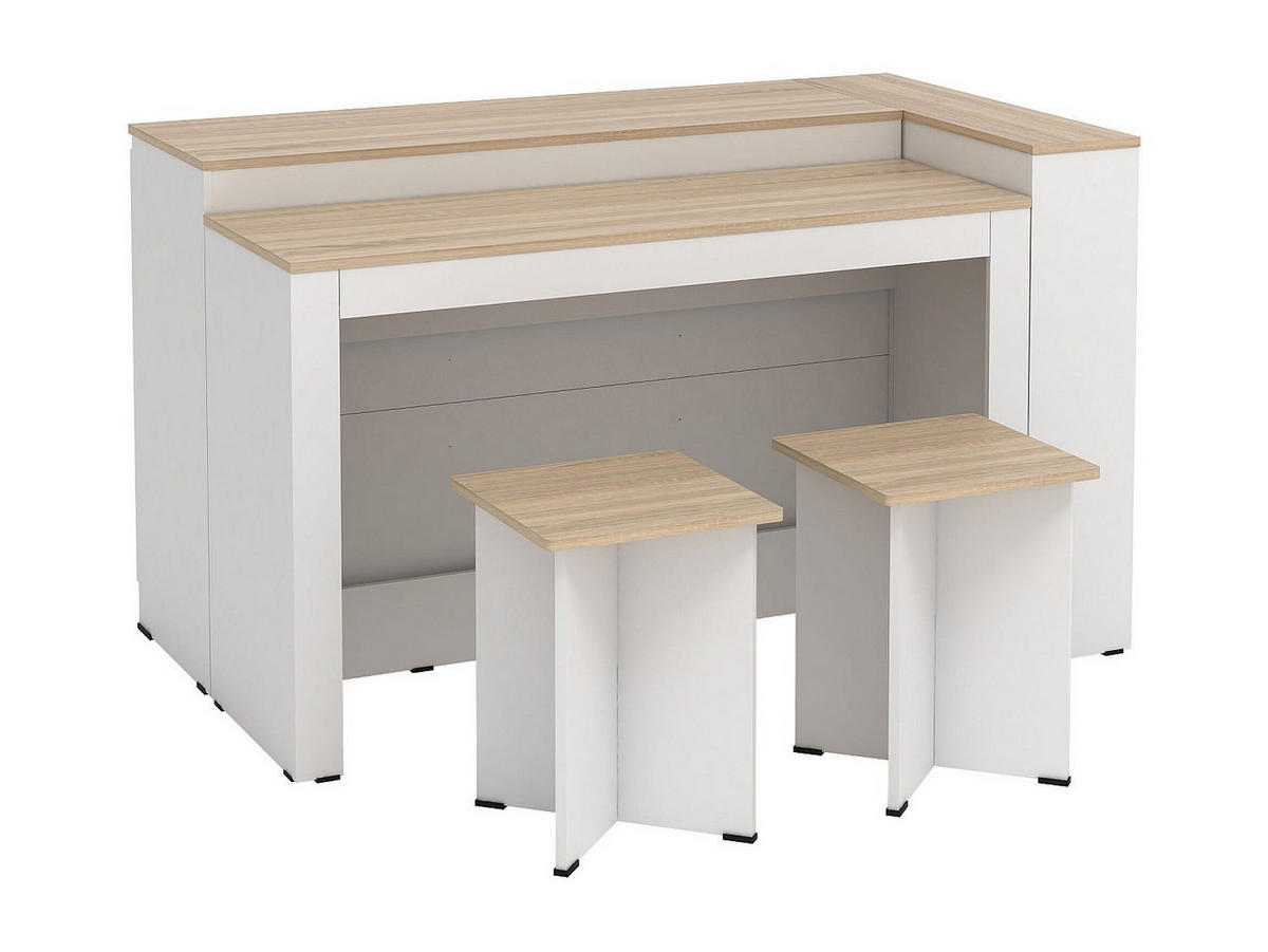 SET zentrale Kücheninsel + 2 Hocker - Weiß & Holzfarben hell - NUSICE - Naturfarben, Holz (138.7/82/79.2cm) - Vente-Unique