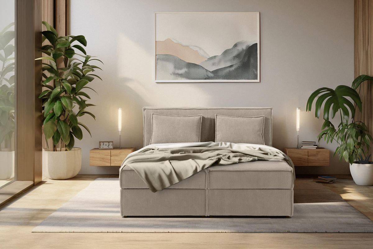 BOXSPRINGBETT ROTI mit Stauraum, beige - Beige/Schwarz, Holz/Holzwerkstoff (140/200cm) - KONSIMO®