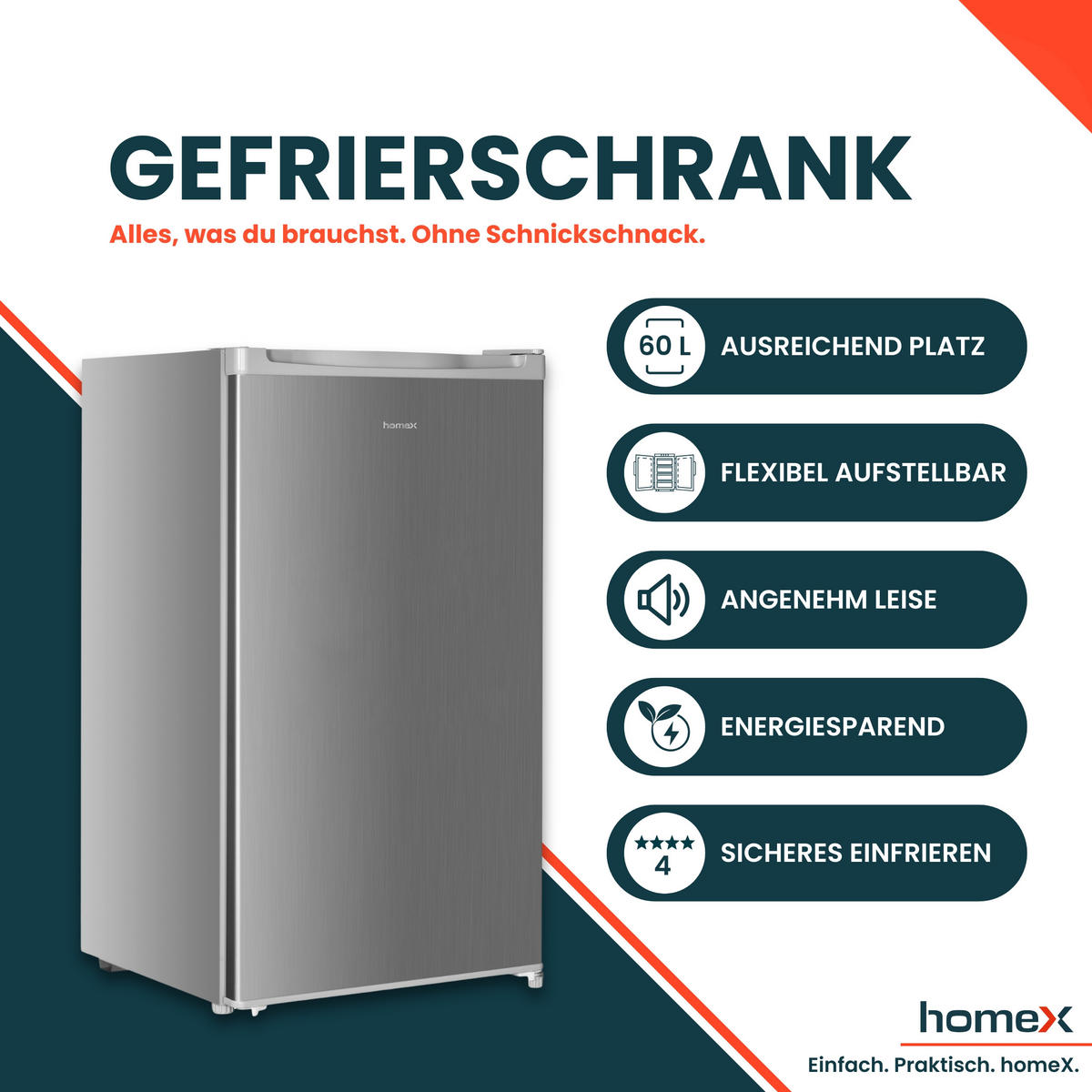 GEFRIERSCHRANK klein - 60L Nutzinhalt, 4-Sterne Gefrieren, kompakt, freistehend, silber - Silberfarben, Kunststoff/Metall (47.5/85/45cm) - homeX