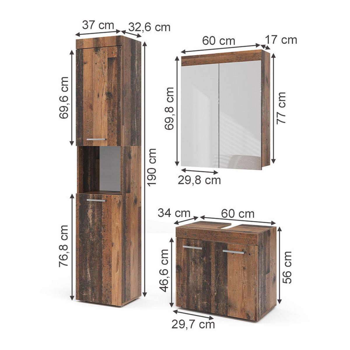 BADMÖBEL-SET Luna Oldstyle 3 Teile, mit Hochschrank - Braun, Holzwerkstoff (60/56/34cm) - Vicco