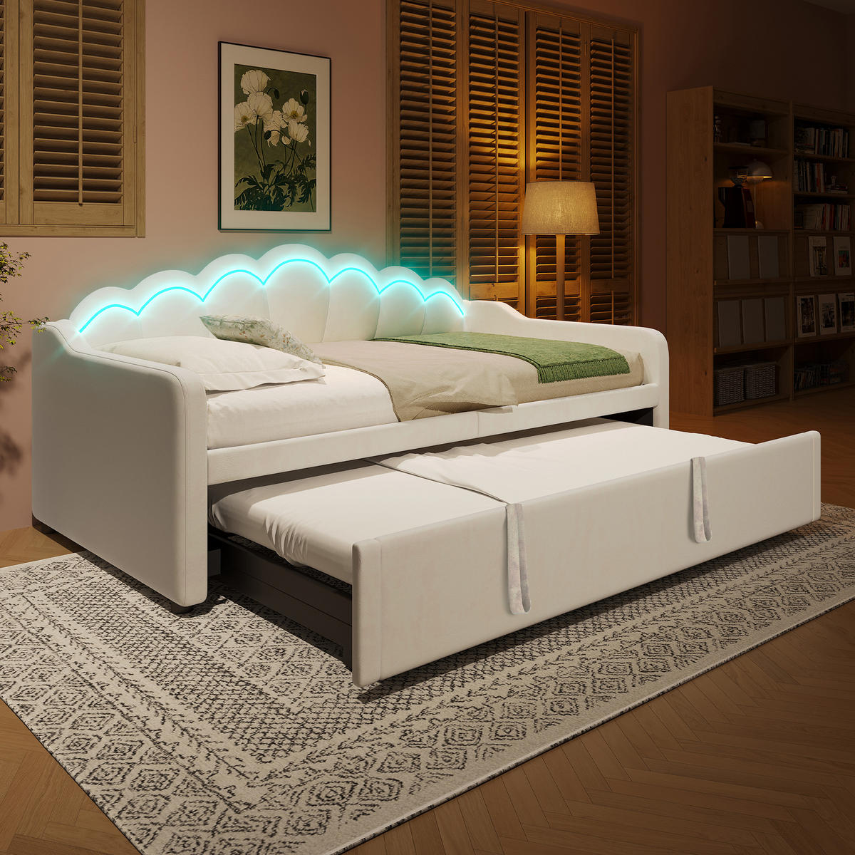 SCHLAFSOFA 90/200 cm & 90/200 cm in Beige Samt mit Ausziehbett und LED - Beige, Holzwerkstoff/Textil (90/200cm) - WISHDOR