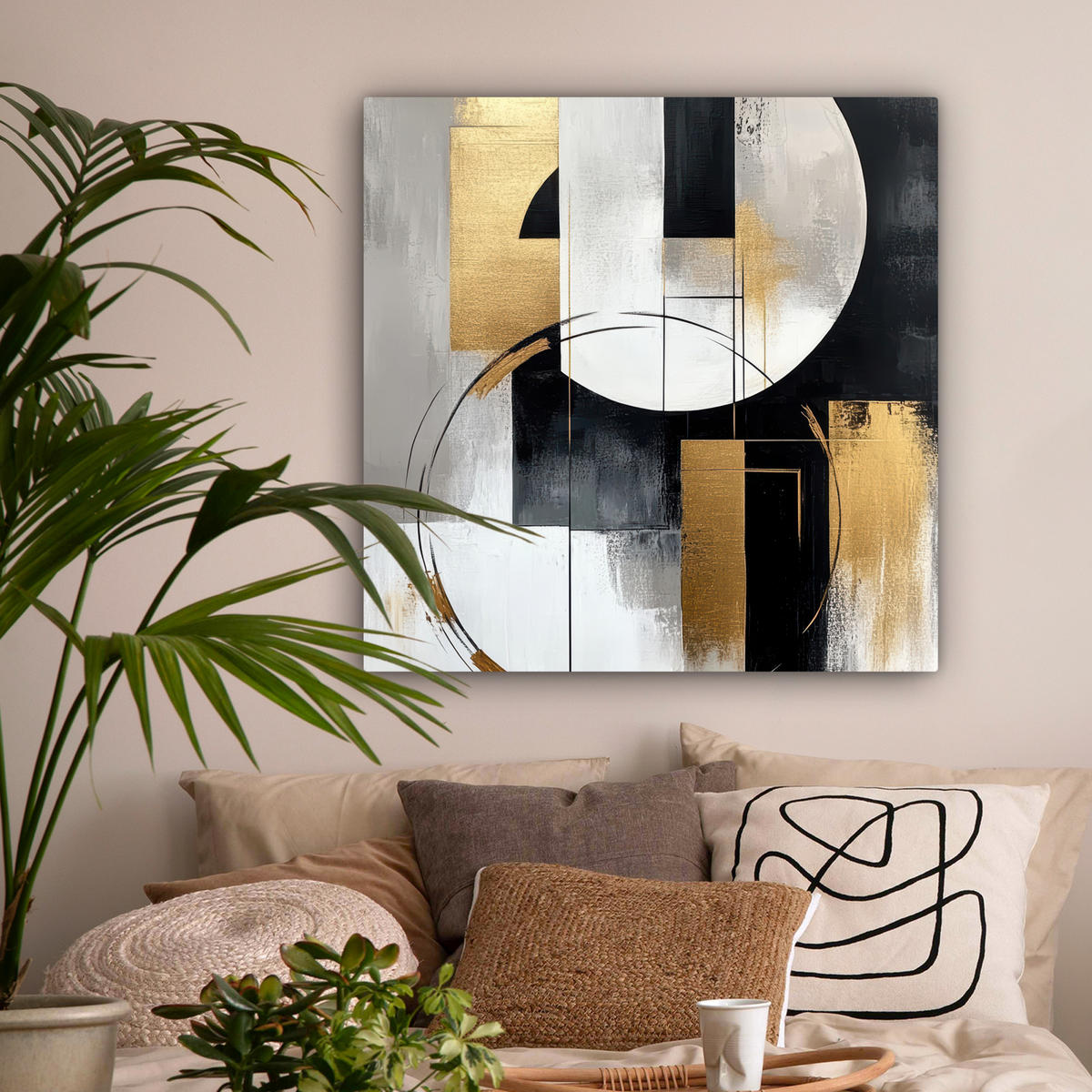 LEINWANDBILD - Abstrakt - Gold - Silber - Formen - Ästhetik - 90x90 - Gemälde - Multicolor, Textil (90/90cm) - MuchoWow