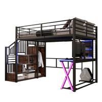 HOCHBETT 140/200 cm Schwarz mit LED-Beleuchtung, Ablageleiter, Schreibtisch, Kleiderschrank und Regalen - Schwarz, Metall (140/200cm) - OKMYHOME