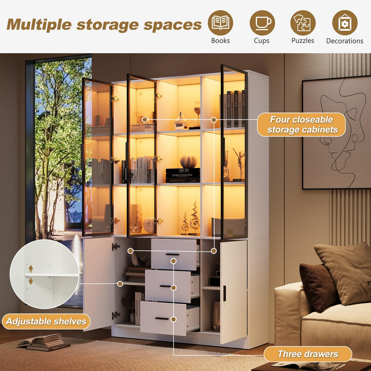 KÜCHENSCHRANK MIT LED BELEUCHTUNG 120/200/30 cm, Spanplatte und Glas, Weiß matt, Highboard mit 3 Schubladen für Wohnzimmer - Weiß, Holzwerkstoff (30/200/120cm) - Rolipo