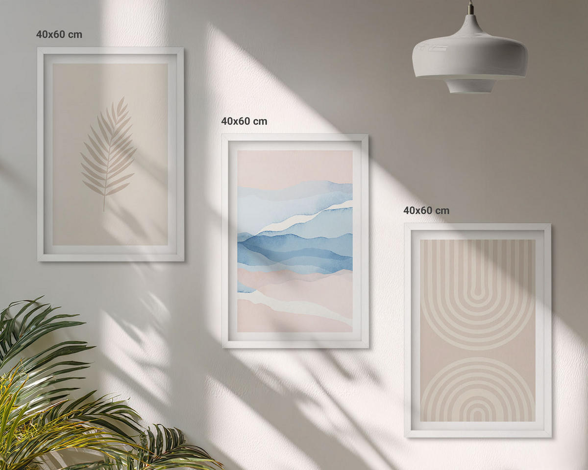 BILDER SET 3er Set - 40x60 cm Weißer Rahmen - Blätterwellen beige blau - Weiß, Kunststoff (40/60cm) - TULUP