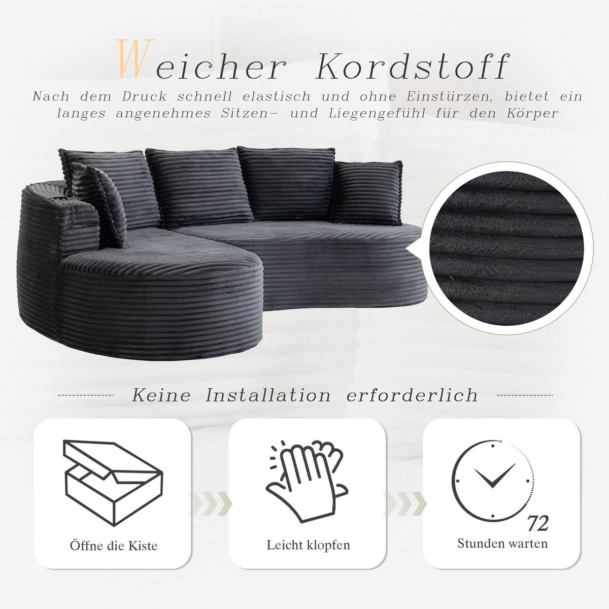 ECKSOFA Cord Dunkelgrau mit Getränkehaltern, Seitentaschen und Kissen - Dunkelgrau, Textil (250/152cm) - WISHDOR