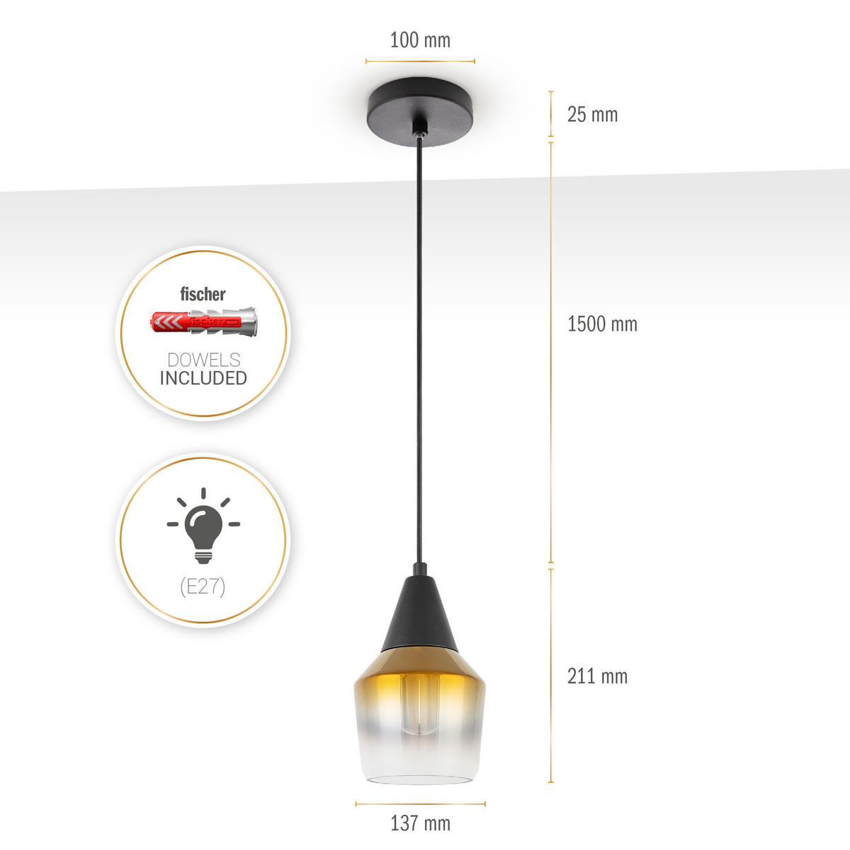 PENDELLEUCHTE Diana - Goldfarben/Schwarz, Metall (13.7/13.7/21.1cm) - Paco Home