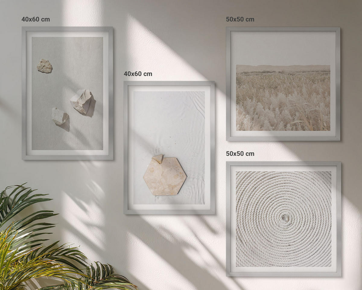 BILDER SET 4er Set - 50x50 cm & 40x60 cm Silberner Rahmen - Leichte Boho-Sandtexturen - Silberfarben, Kunststoff (50/50cm) - TULUP