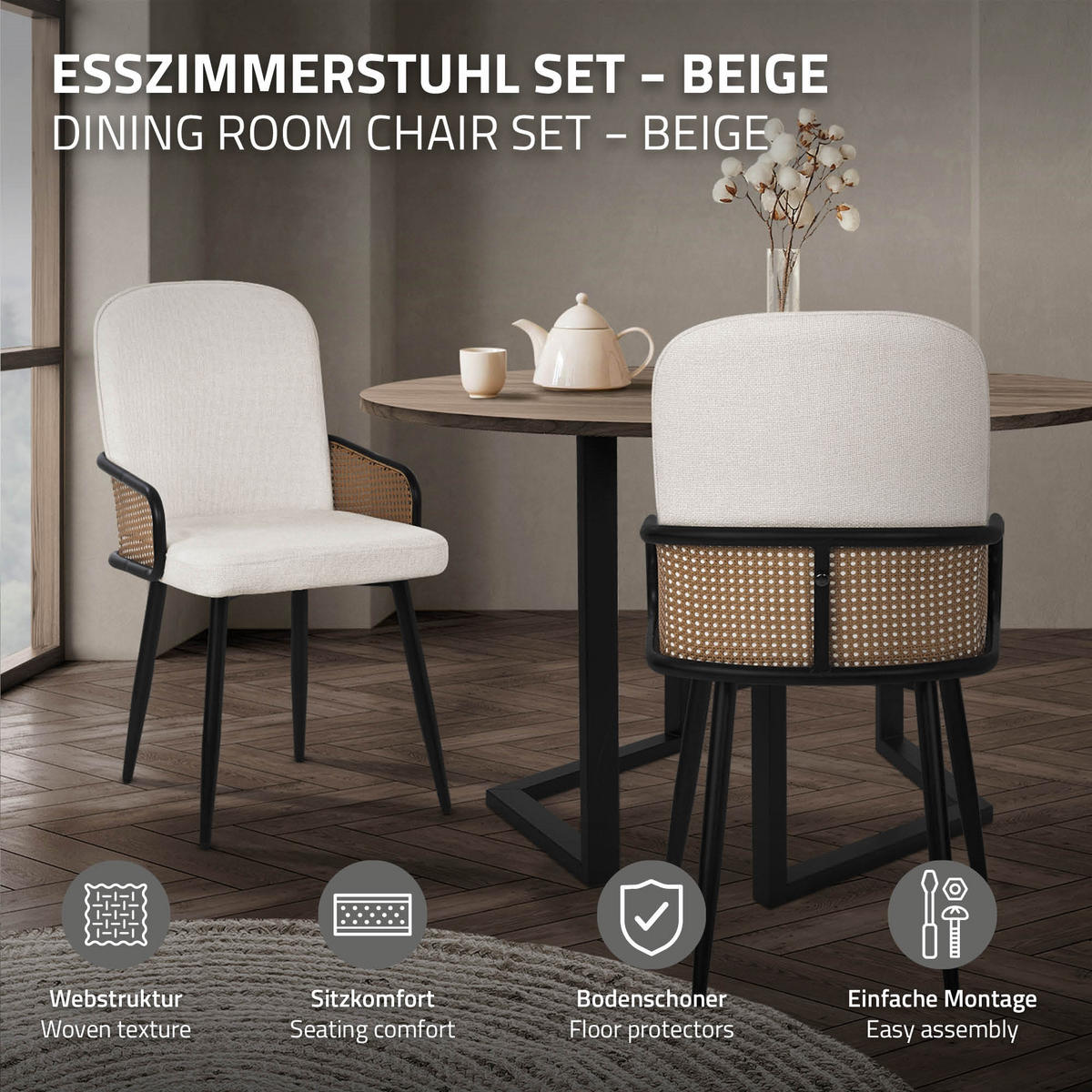 JÍDELNÍ ŽIDLE, sada 4 ks, béžové s látkovým potahem, ratanový vzhled - černá/béžová, kov/textil (51/91/61cm) - ML-DESIGN