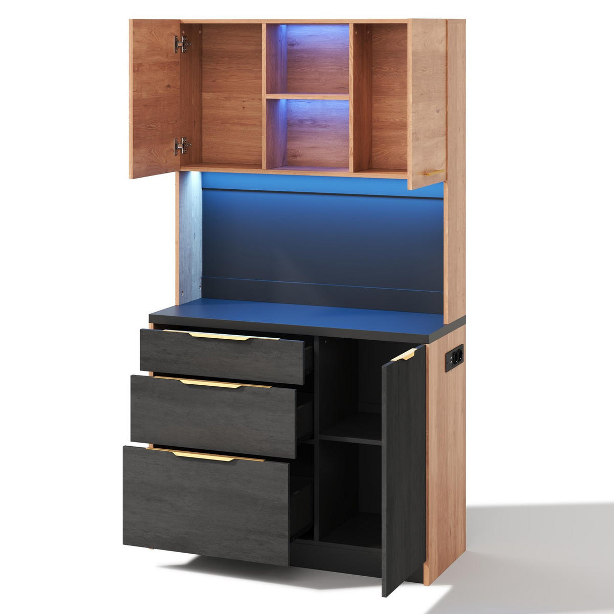 BUFFET 100/40/180 cm in Holz- und Betonoptik mit LED-Beleuchtung - Naturfarben, Holzwerkstoff (100/180/40cm) - Flora Grace