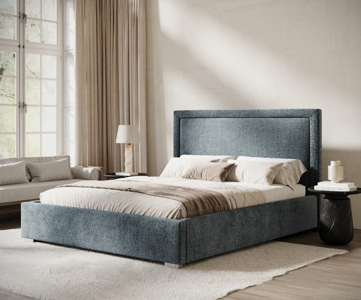 POLSTERBETT Ordina Blau Grau 160/200 cm im Chenille-Stoff - Silberfarben/Blaugrau, Holz/Holzwerkstoff (160/200cm) - Maison de Reve
