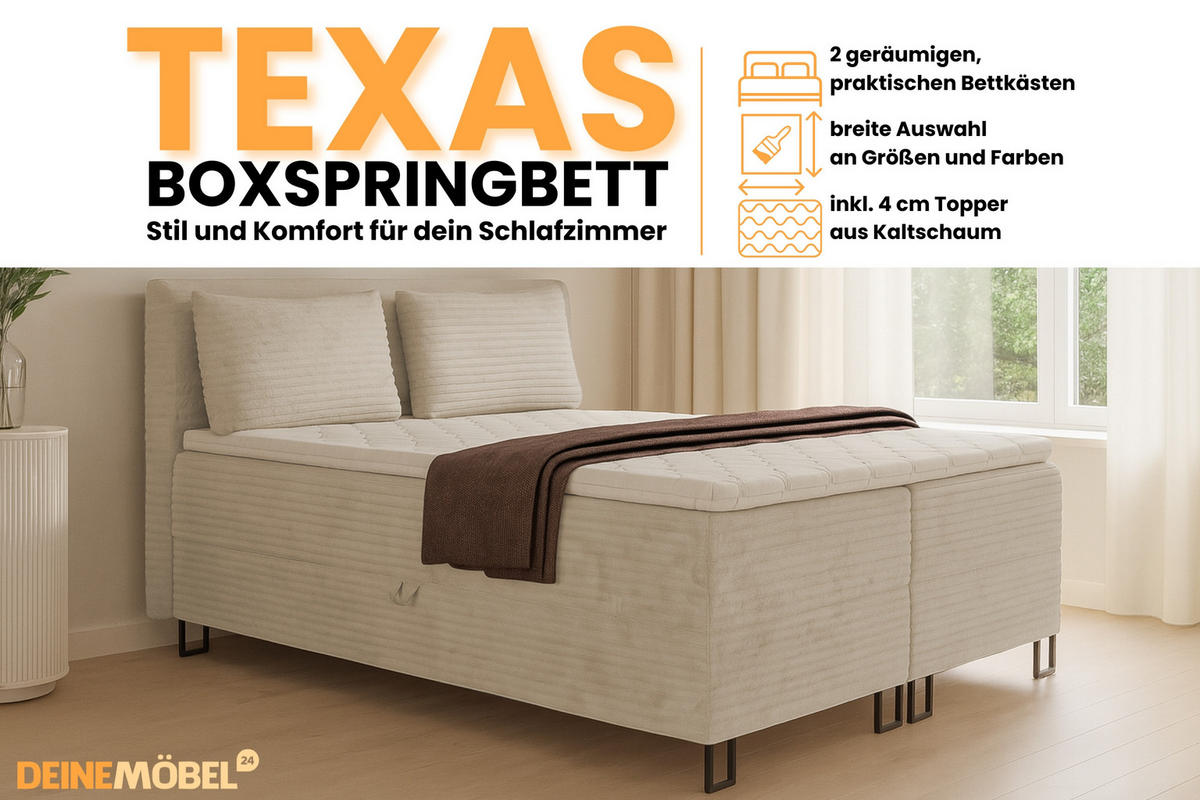 BOXBETT TEXAS 180/200 in Cord Beige mit Bonell-Federkernmatratzen H3 - Beige, Holz/Holzwerkstoff (180/200cm) - Deine Möbel 24