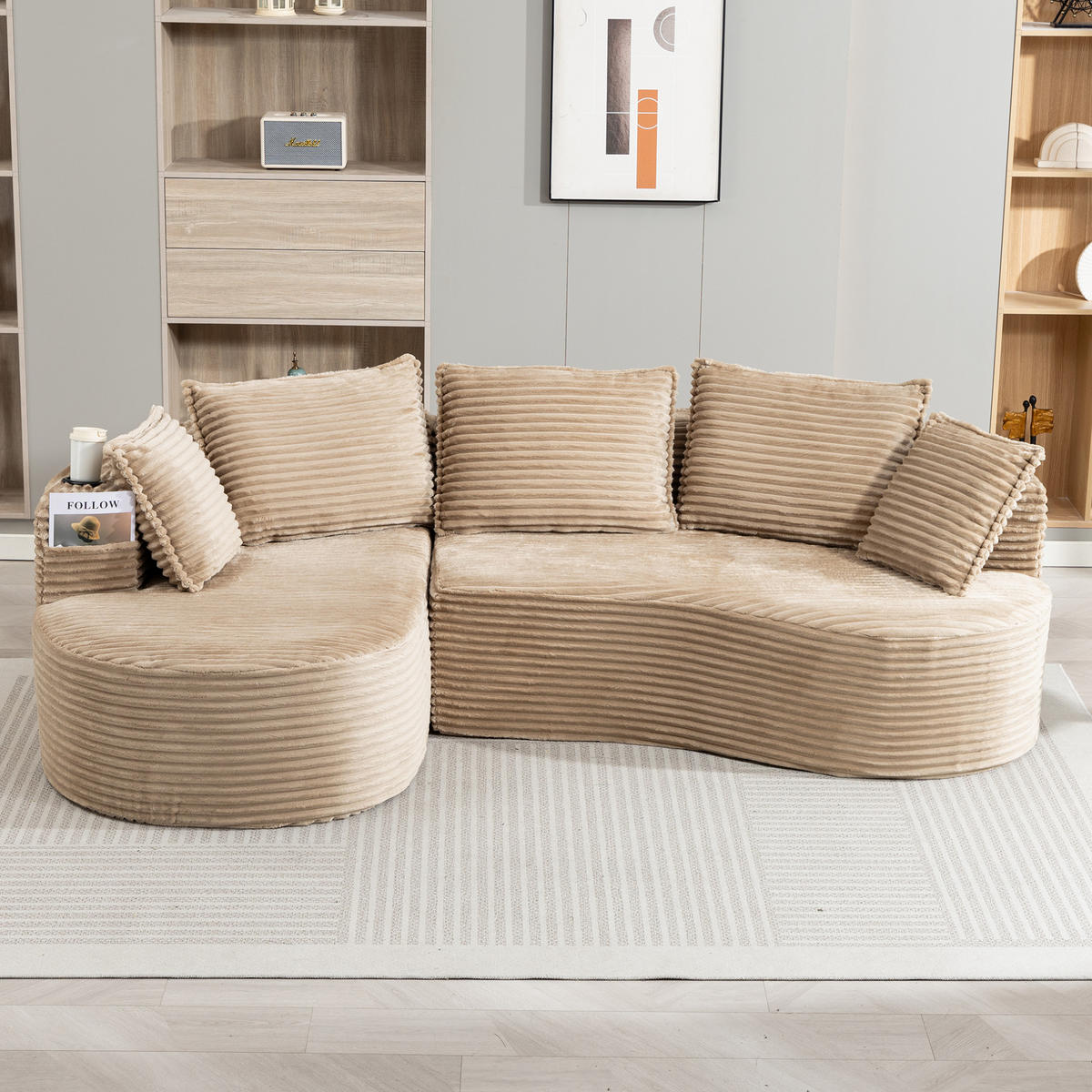 SOFA bogiges Design 250 x 152 cm Cord Khaki mit Getränkehaltern - Braun, Textil (152/250cm) - Meubliv
