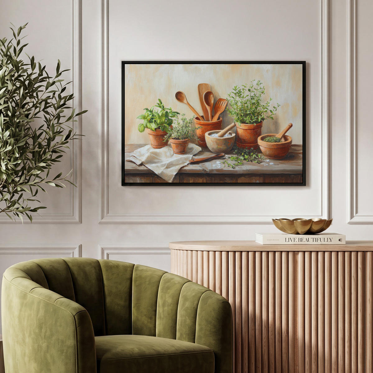 LEINWAND Bilder mit Rahmen - Töpfe - Kräuter - Holz - 60x40 - Terracotta, Textil (60/40cm) - MuchoWow