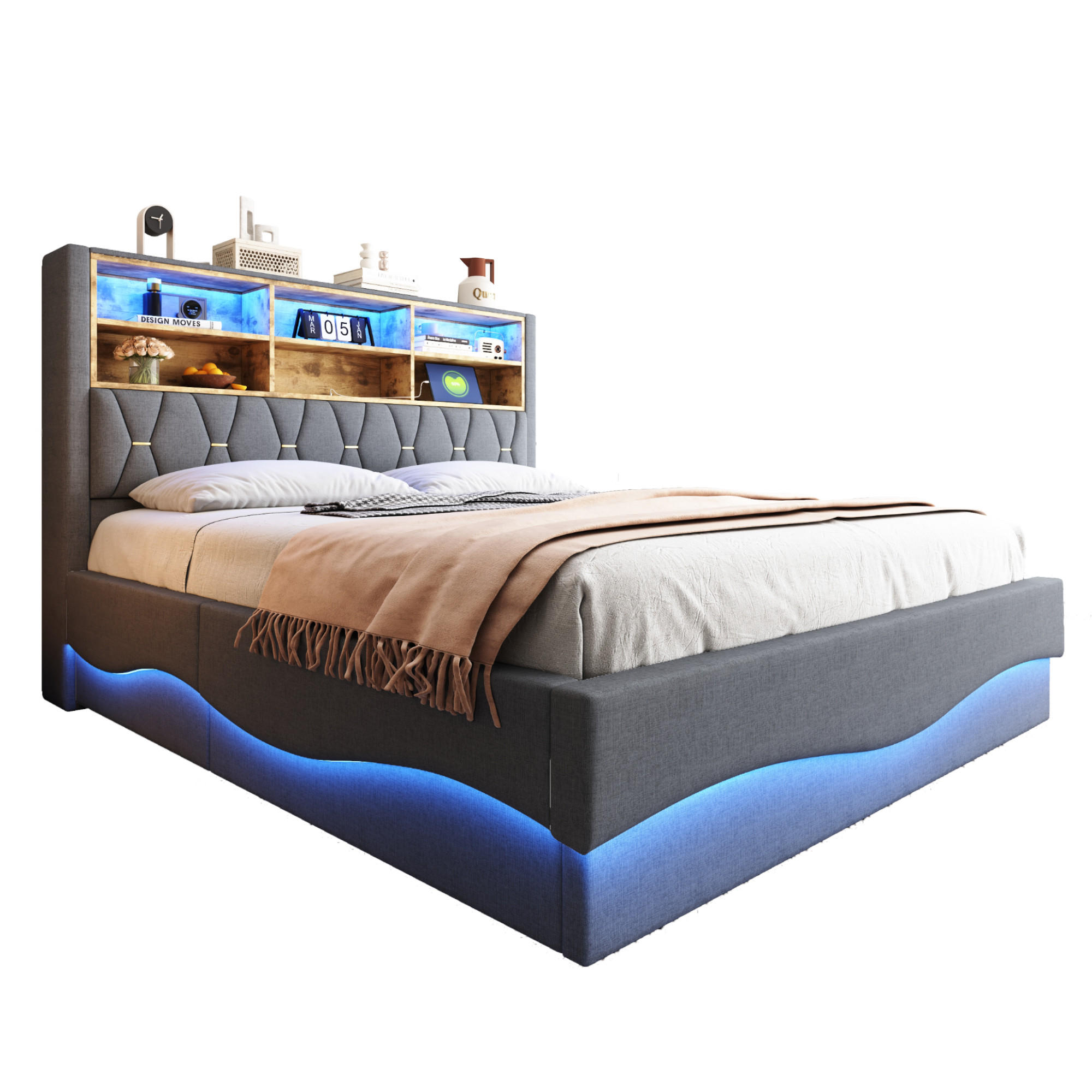 POLSTERBETT 180x200 cm mit LED, USB, Stauraum, Leinen, Grau - Grau, Holz (180/200cm)