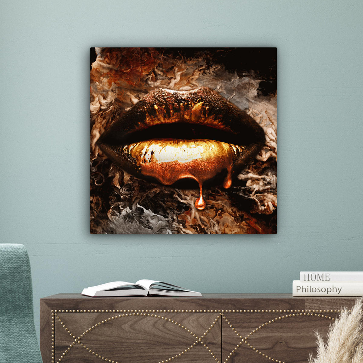 LEINWANDBILD Gold - Lippen - Kunst - Gold - Luxus - Abstrakt 50x50 cm - Kupferfarben, Textil (50/50cm) - MuchoWow