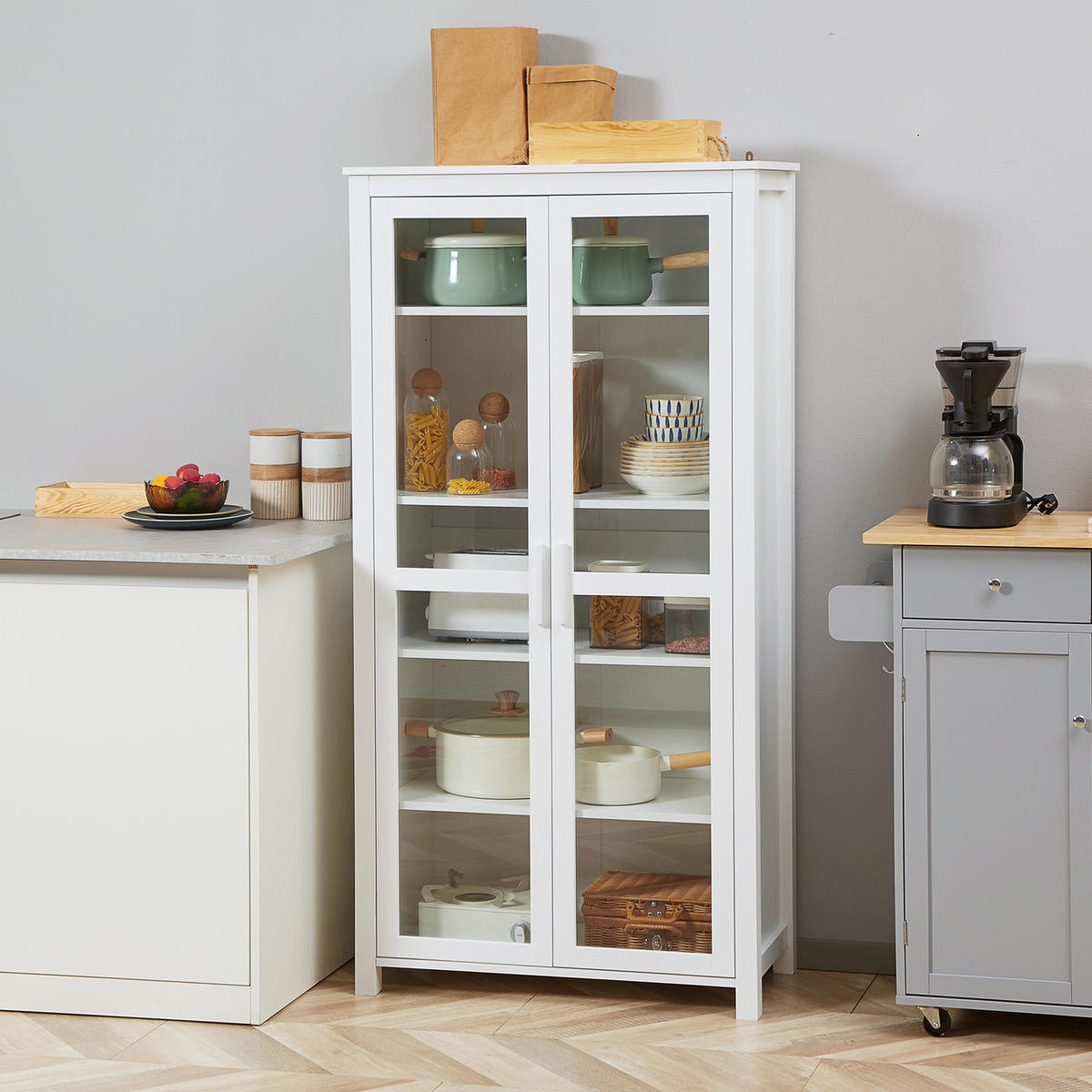 KÜCHENSCHRANK Hochschrank Küchenbuffet mit 2 Glastüren Esszimmerschrank Weiß - Weiß, Holz (39.5/160/80cm) - HOMCOM