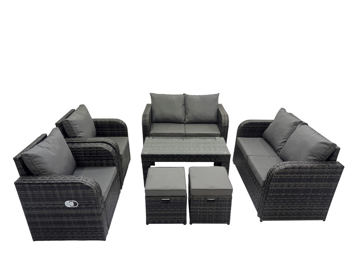 GARTENMÖBEL SET mit Sofa Polyrattan 8-Sitzer Dunkelgrau - Dunkelgrau/Grau, Glas/Kunststoff - Fimous
