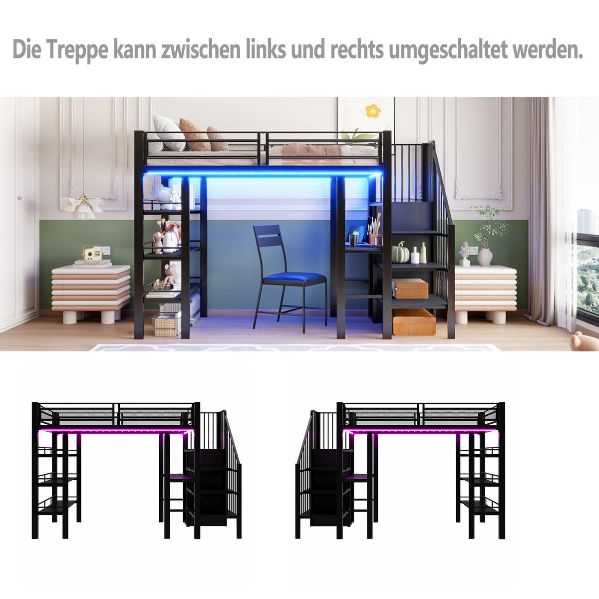 HOCHBETT 90/200 cm in Schwarz mit Regal, Schreibtisch, LED und Steckdose - Schwarz, Holzwerkstoff/Metall (90/200cm) - STILVORA