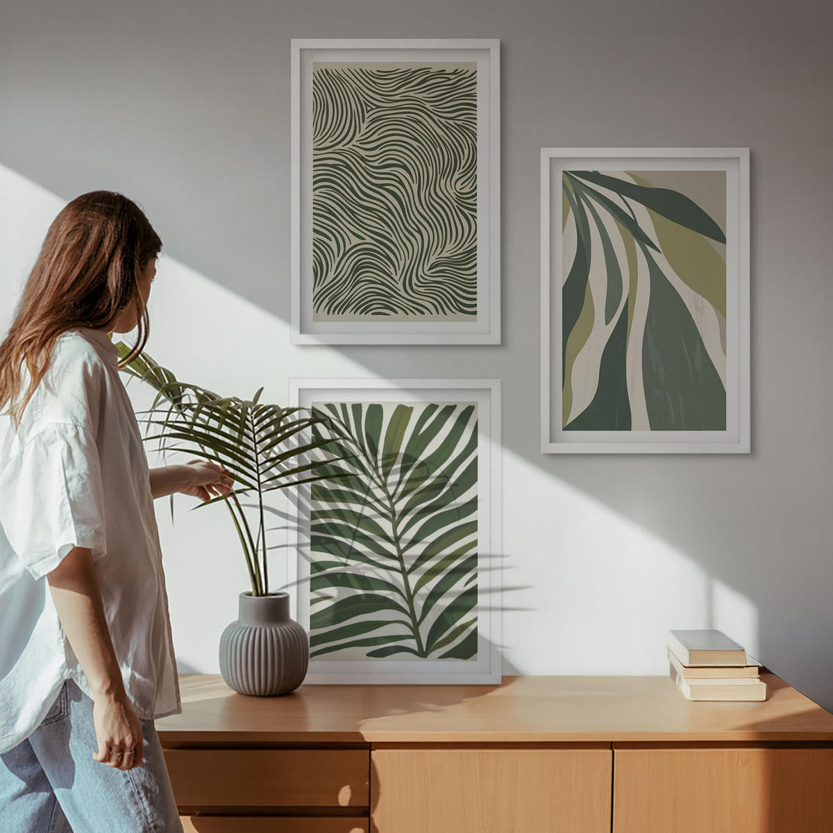 BILDER SET 3er Set - 40x60 cm Weißer Rahmen - Blätter mit wellenförmigen grünen Linien - Weiß, Kunststoff (40/60cm) - TULUP