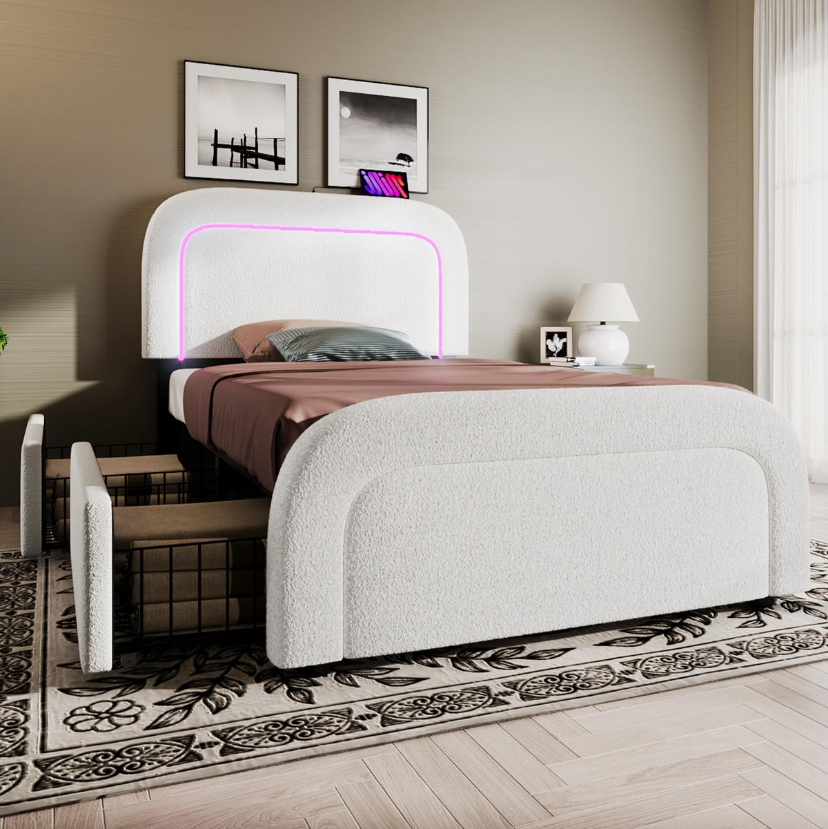 BETT mit Matratze, USB-C, LED und 2 Schubladen 90x200 cm Sherpa Weiß - Weiß, Metall (90/200cm) - Meubliv