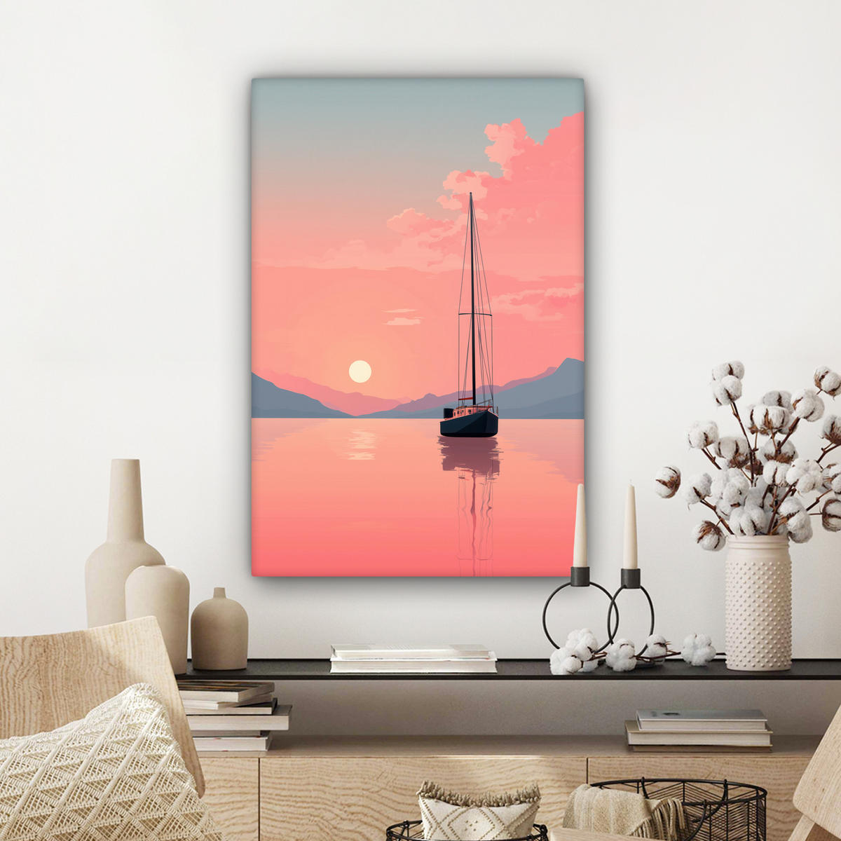 LEINWANDBILD Segelboot - Rosa Meer - Sonnenuntergang - Berge Wanddeko Schlafzimmer 60x90 cm - Rosa, Textil (60/90cm) - MuchoWow