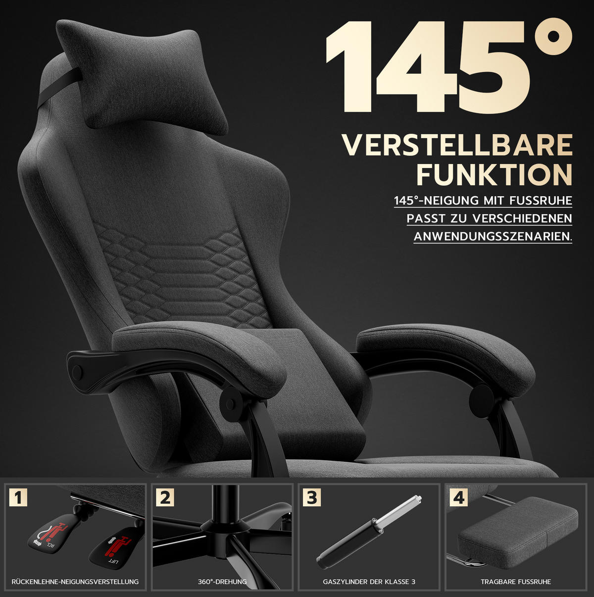 GAMING-STUHL ergonomisch Stoff Dunkelgrau mit Fußstütze - Dunkelgrau, Kunststoff (63/120.5/58.5cm) - Meubliv