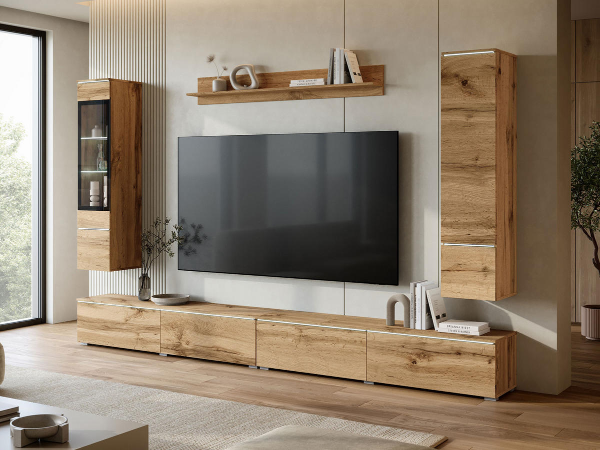 WOHNWAND Vera VIII mit weißer LED Beleuchtung - Silberfarben/Eiche Wotan, Holzwerkstoff/Kunststoff (300/130/33cm) - MIRJAN24