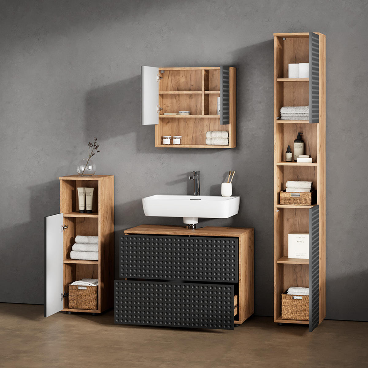 BADMÖBEL-SET Ronco Anthrazit gestreift 4 Teile, mit Schubladenschrank und Hochschrank - Eichefarben/Anthrazit, Holzwerkstoff (80/58/41cm) - Livinity®