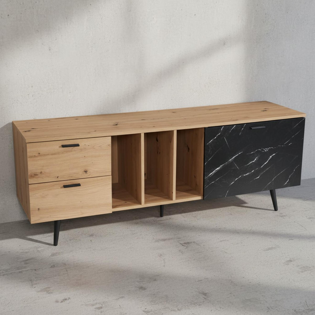 TV-LOWBOARD mit Eiche-Dekor, Tür und Schubladen, kompakte Aufteilung, Braun-Schwarz/Marmoroptik 150x40x55 cm - Schwarz/Braun, Holzwerkstoff/Metall (150/55/40cm) - KADIMA DESIGN