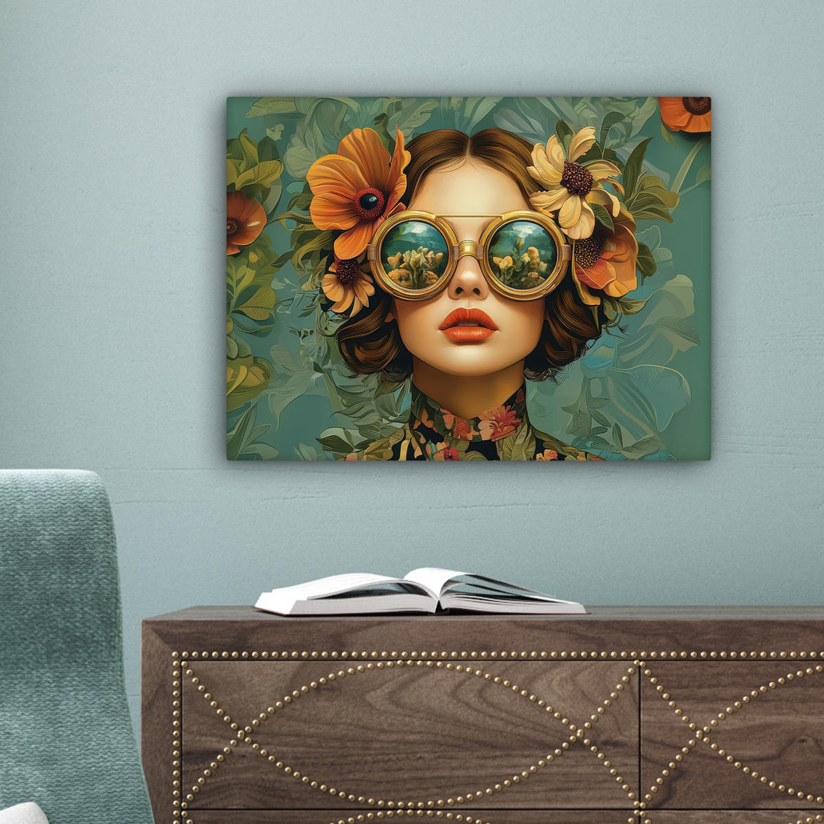 LEINWANDBILD Frau - Blumen - Schmetterlinge - Natur - Vintage Wandbild 40x30 cm - Salbeigrün, Textil (40/30cm) - MuchoWow
