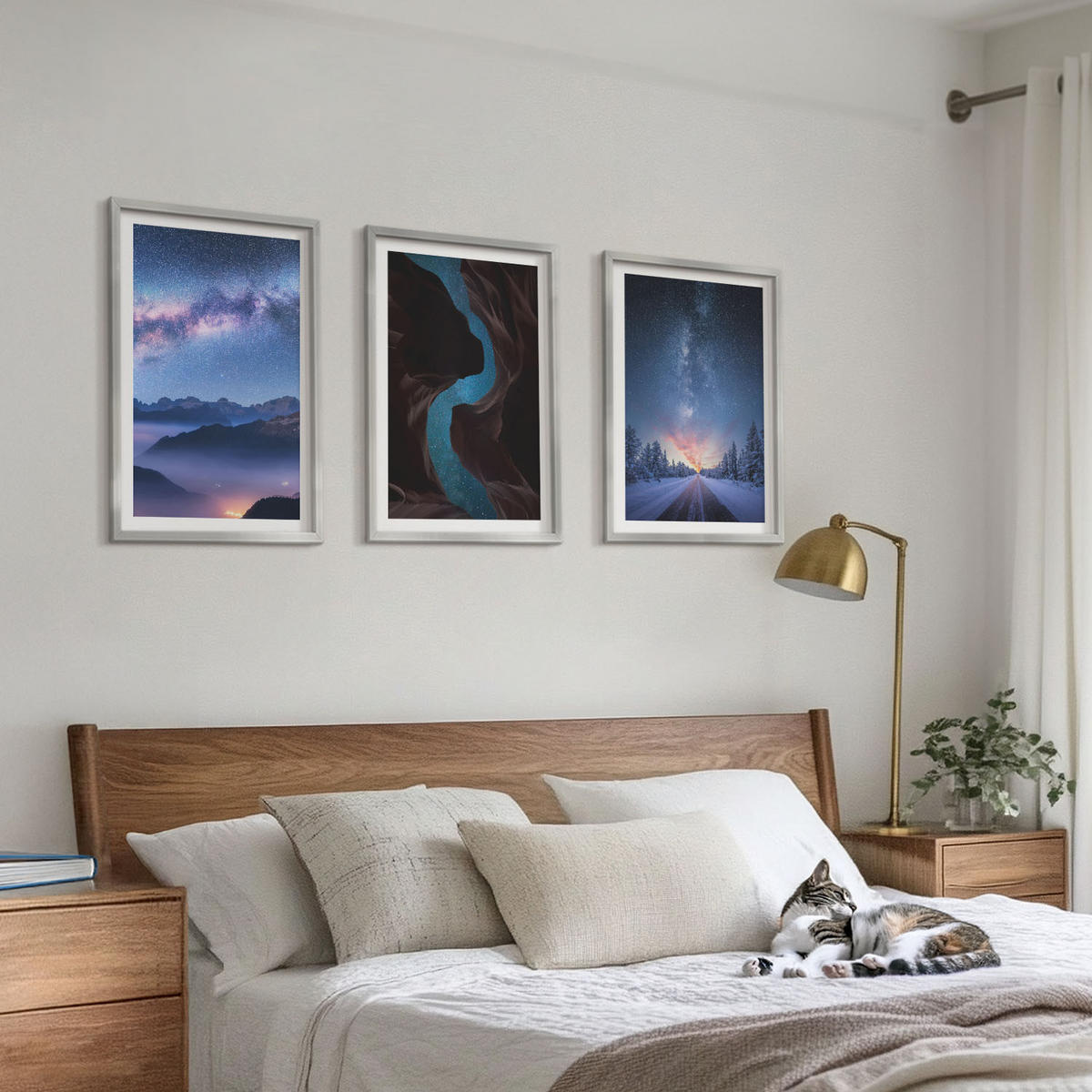 WANDBILDER 3er Set - 40x60 cm Silberner Rahmen - Nachthimmel, Berge, Winterlandschaft - Silberfarben, Kunststoff (40/60cm) - ArtPrintCave