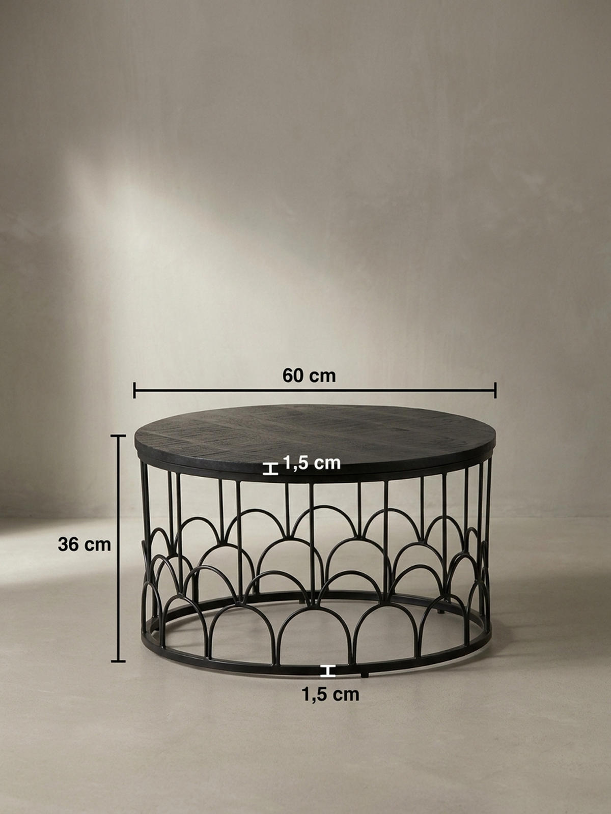 COUCHTISCH Rund in Schwarz aus Mango Massivholz mit Metallgestell, 60x60x36cm, Industrial Design - Schwarz, Holz/Metall (60/60/36cm) - KADIMA DESIGN