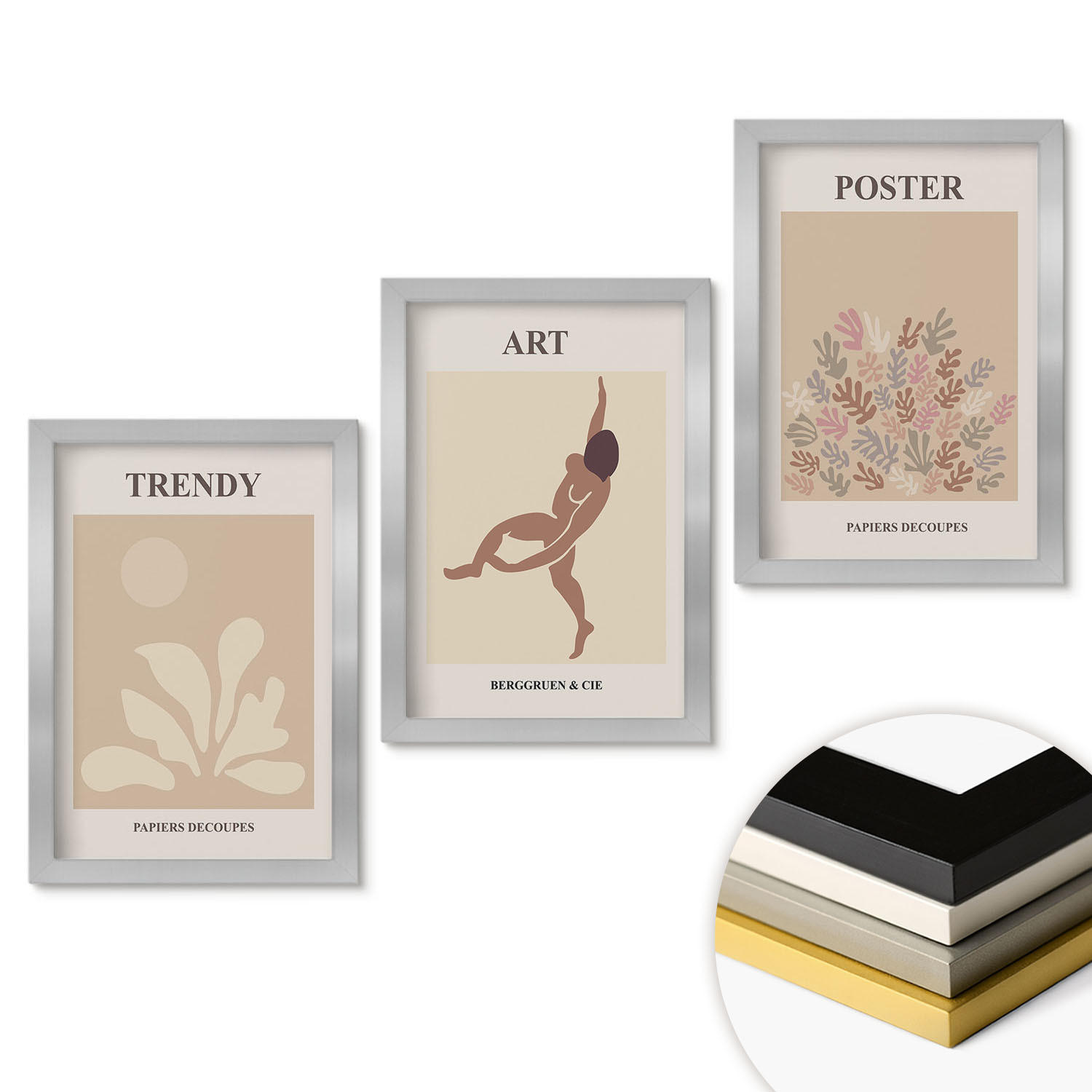 WANDBILDER 3er Set - 20x30 cm Silberner Rahmen - Matisses abstrakte Formen - Silberfarben, Kunststoff (20/30cm) - ArtPrintCave