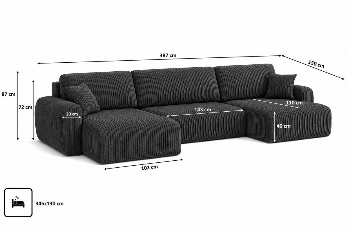ECKSOFA Mit Schlaffunktion Und Bettkasten U-Form Ariel U XL, Cordstoff Poso, Grau - Grau, Holz (387/142cm) - Kaiser Möbel