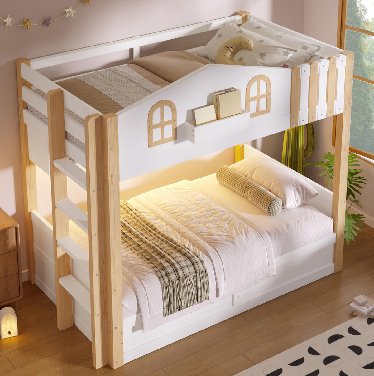 ETAGENBETT 90x200 cm im Hausdesign in Weiß/Natur mit LED-Beleuchtung und Stauraum - Weiß, Holzwerkstoff (90/200cm) - IVMEU