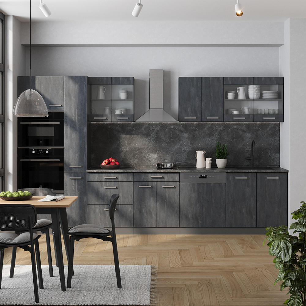 KÜCHENZEILE R-Line Schwarz Beton/Anthrazit 350 cm, AP Eiche - Anthrazit/Schwarz, Holzwerkstoff (350/81.6/60cm) - Vicco