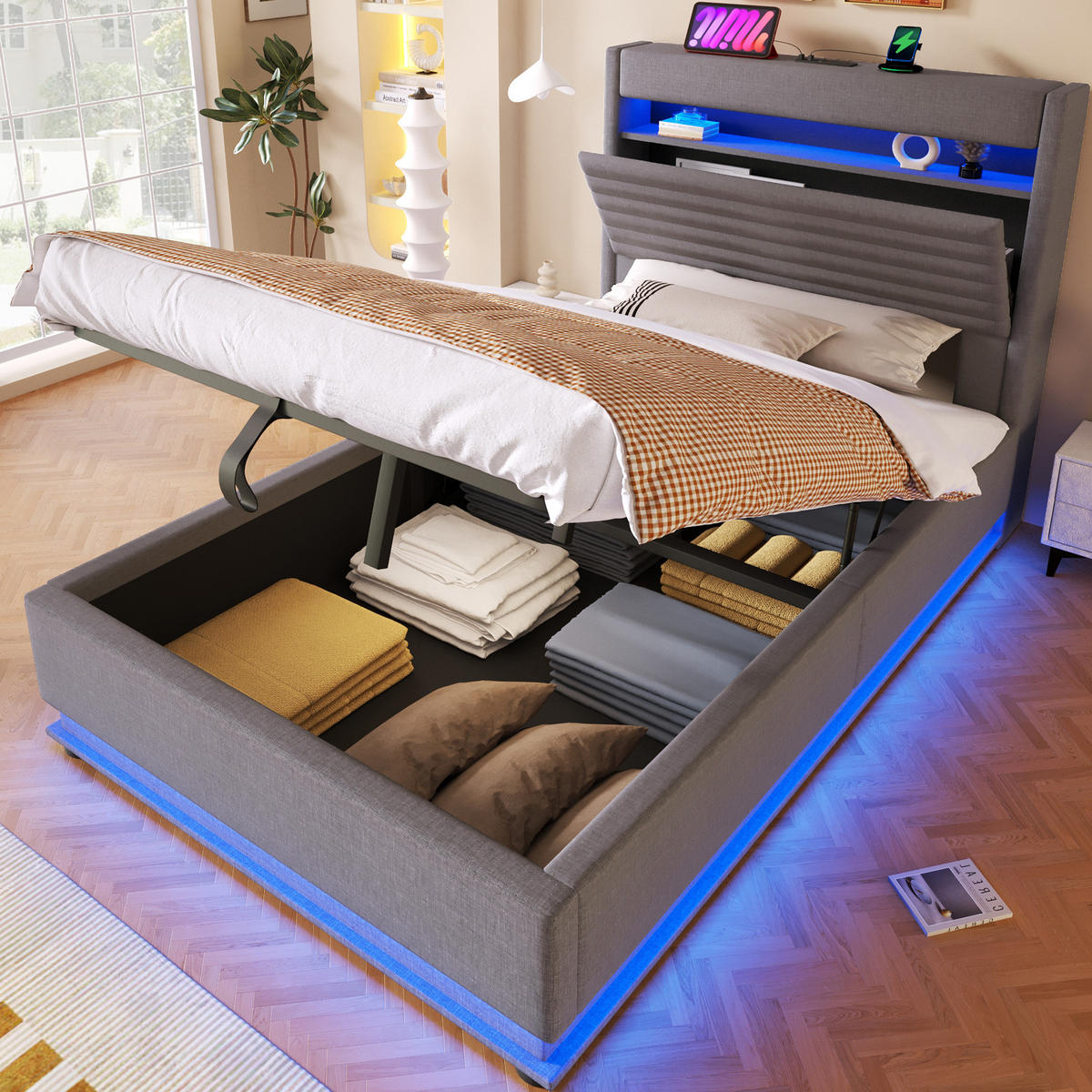 POLSTERBETT 90/200 cm aus Leinen mit LED-Beleuchtung und USB-Typ-C-Ladefunktion Grau - Flieder, Textil (90/190cm) - Modenvie