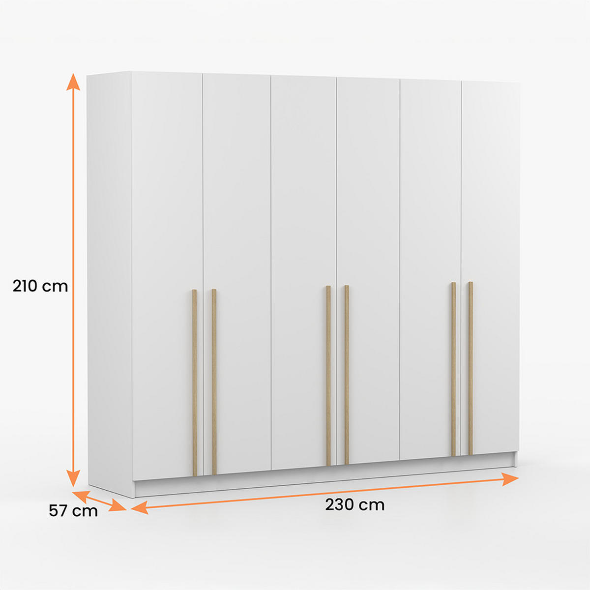 DREHTÜRENSCHRANK SEVILLA 6D 230 cm Weiß/Weiß, 6-türig, Holzgriffe - Eukalyptusholzfarben/Weiß, Holz/Holzwerkstoff (230/210/57cm) - imoebel24