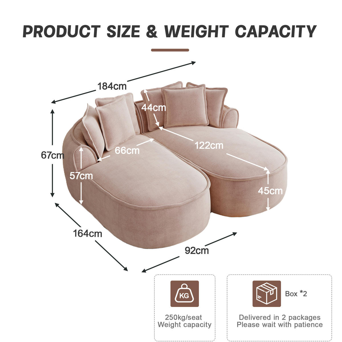 2-SITZER Sofa 184×164×67 cm aus Chenille-Stoff rahmenlos multifunktional, rosa - Rosa, Textil (164/67/184cm)