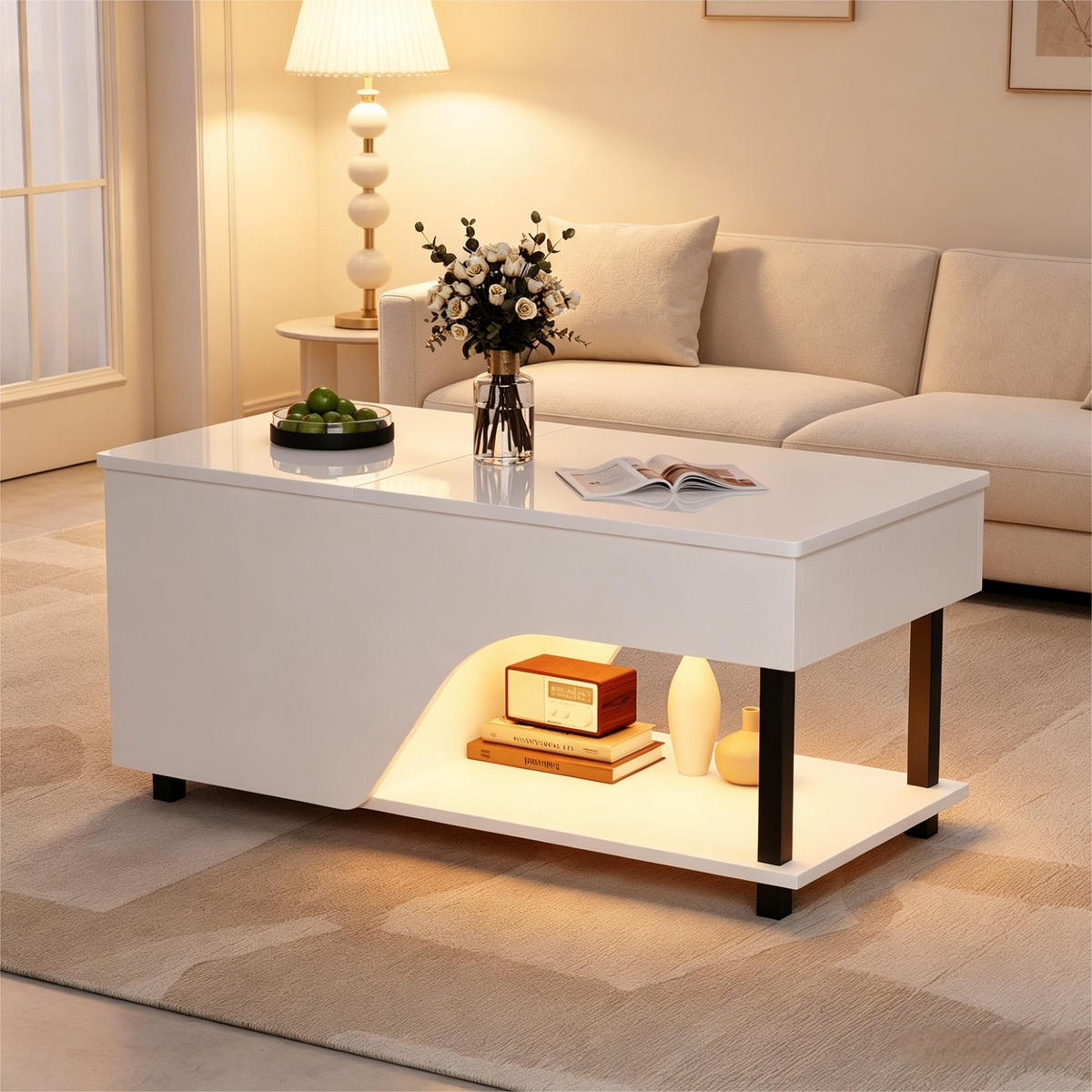 COUCHTISCH höhenverstellbar in Weiß 50/100/46 cm aus Spanplatte mit LED, Stauraum und Ablage - Weiß, Holzwerkstoff/Metall (50/100/46cm) - CHICFURN